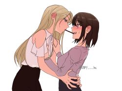 2girls @_@ black_skirt blonde_hair blue_eyes blush brown_hair clothing_cutout commentary_request commission crazy_be ear_piercing earrings fang food food_in_mouth hands_on_another&#039;s_waist highres jewelry korean_commentary medium_hair multiple_girls original piercing pink_shirt pocky pocky_in_mouth purple_eyes purple_shirt shirt shoulder_cutout simple_background skirt stud_earrings sweatdrop white_background yuri