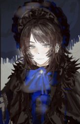 1girl ascot bang_dream! bang_dream!_it&#039;s_mygo!!!!! black_hair blue_ascot blue_eyes bonnet commentary ear_piercing feiyu30903448 highres looking_at_viewer medium_hair piercing solo symbol-only_commentary upper_body yahata_umiri