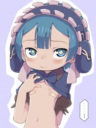 ... 1boy arm_behind_back bandaid bandaids_on_nipples blue_bow blue_bowtie blue_capelet blue_eyes blue_hair blue_hairband blush bow bowtie bright_pupils capelet closed_mouth embarrassed frilled_hairband frills hairband hand_up highres looking_at_viewer made_in_abyss maid maid_headdress male_focus maruruk navel outline pasties pouch puffy_short_sleeves puffy_sleeves purple_background short_hair short_sleeves shota simple_background solo sweat sweatdrop trap upper_body wavy_mouth ximu_shilang