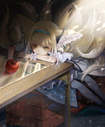 1girl animal_ears apple arknights bad_id bad_pixiv_id blonde_hair blue_hairband food fox_ears fox_girl fox_tail fruit green_eyes hairband highres material_growth multiple_tails oripathy_lesion_(arknights) pantyhose sakura_wazaki solo suzuran_(arknights) tail torn_clothes torn_pantyhose white_pantyhose