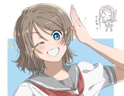 2girls absurdres arm_up blue_background blush brown_hair chibi closed_eyes collarbone dot_nose grey_hair heart highres loafers long_hair love_live! love_live!_sunshine!! multiple_girls necktie nose one_eye_closed pleated_skirt red_hair sailor_collar sakurauchi_riko salute school_uniform serafuku shoes short_hair short_sleeves simple_background skirt smile star_(symbol) summer_uniform tears teeth upper_body uranohoshi_school_uniform watanabe_you wavy_hair white_background yuchi_(salmon-1000) yuri