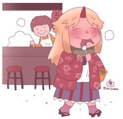 2girls black_sandals blonde_hair brown_hair closed_eyes closed_mouth commentary_request counter eating floral_print full_body geta green_scarf grey_skirt haori horns hoshiguma_yuugi japanese_clothes long_hair multiple_girls octopus_(food) onikobe_rin purple_socks red_haori red_horns red_skirt sandals scarf shirt single_horn skirt smile socks steam stool striped_clothes striped_skirt touhou vertical-striped_clothes vertical-striped_skirt white_background white_shirt