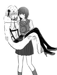 2girls aoi_erika black_hair blonde_hair bow breasts cape carrying flower fur-trimmed_cape fur_trim hair_flower hair_ornament heaven_burns_red highres long_sleeves minase_ichigo multiple_girls nemu1423 princess_carry shirt short_hair vest white_shirt yuri