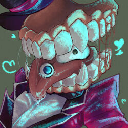 1boy blue_eyes caine_(the_amazing_digital_circus) coffeeholicwhaman cropped_torso flesh formal_clothes green_background green_eyes hat heart heterochromia highres male_focus saliva saliva_trail simple_background solo suit teeth the_amazing_digital_circus top_hat