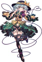 1girl absurdres black_bra black_footwear black_hat black_panties black_thighhighs bloomers bra buttons collar crossed_bandaids diamond_(shape) diamond_button floral_print frilled_sleeves frills game_cg green_collar green_eyes green_hair green_skirt hat hat_ribbon heart highres holding holding_phone injury komeiji_koishi kumio navel non-web_source panties phone ribbon rock rock_print shirt skirt solo tachi-e teardrop thighhighs third_eye torn_boots torn_clothes torn_footwear torn_hat torn_shirt torn_skirt torn_thighhighs touhou touhou_blooming_chaos underwear white_bloomers wide_sleeves yellow_ribbon yellow_shirt zettai_ryouiki