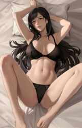 1girl armpits arms_up bad_feet bed_sheet black_bra black_hair black_panties bra breasts cameltoe earrings final_fantasy final_fantasy_vii foot_out_of_frame gyunzai highres jewelry large_breasts long_hair lying m_legs navel panties parted_lips pillow red_eyes single_earring solo spread_legs stomach thighs tifa_lockhart underwear