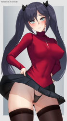 1girl absurdres artist_name asymmetrical_bangs black_hair black_panties black_skirt black_thighhighs blush border breasts closed_mouth cosplay covered_erect_nipples cowboy_shot cross fate/grand_order fate_(series) furrowed_brow genshin_impact gluteal_fold grey_border groin hair_ribbon hand_on_own_hip hands_on_own_hips highleg highleg_panties highres hioyami latin_cross long_hair long_sleeves looking_at_viewer medium_breasts miniskirt mona_(genshin_impact) panties pantyshot partially_visible_vulva patreon_username pleated_skirt red_shirt ribbon shirt sidelocks skirt solo sweatdrop thick_thighs thighhighs thighs thong tohsaka_rin tohsaka_rin_(cosplay) turtleneck twintails underwear upskirt wide_hips