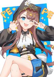1girl ;d absurdres ankh arknights black_jacket black_ribbon blue_eyes blush border brown_hair brown_tail character_name claw_pose commentary cowboy_shot crop_top cropped_jacket ear_piercing fingernails flower hair_behind_ear hands_up head_chain highres hood hood_up hooded_jacket infection_monitor_(arknights) jacket jewelry k@bu long_hair long_sleeves looking_at_viewer navel neck_ribbon one_eye_closed open_clothes open_jacket open_mouth outside_border pepe_(arknights) piercing ribbon sitting smile solo sparkle tail tail_ornament tail_ring two-sided_fabric two-sided_jacket v v_over_eye white_border white_flower yellow_jacket