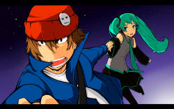 1boy 1girl aqua_belt aqua_eyes aqua_hair aqua_necktie bare_shoulders beanie black_boots black_border black_headphones black_skirt black_sleeves blue_eyes blue_jacket boots border brown_hair character_request collared_jacket collared_shirt detached_sleeves floating_clothes floating_hair foot_out_of_frame grey_shirt hair_between_eyes hair_ornament hat hatsune_miku headset high_collar holding_hands jacket letterboxed light_blush long_sleeves looking_ahead looking_at_another miniskirt necktie night night_sky open_mouth pleated_skirt red_hat riozer shirt short_hair skirt sky sleeveless sleeveless_shirt star_(sky) stargazer_(vocaloid) starry_sky tareme teeth thigh_boots tie_clip twintails upper_body upper_teeth_only vocaloid white_shirt wide-eyed wide_sleeves