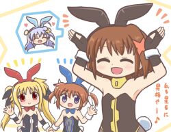 4girls :d animal_ears arms_up black_gloves black_leotard blonde_hair blue_hair blush bow bowtie brown_hair chibi closed_eyes fake_animal_ears fate_testarossa fingerless_gloves gloves hair_ornament hair_ribbon heart holding_hands leotard long_hair lyrical_nanoha multiple_girls open_mouth pantyhose playboy_bunny purple_eyes rabbit_ears rabbit_pose rabbit_tail red_bow red_bowtie red_eyes reinforce_zwei reverse_(bluefencer) ribbon short_hair short_twintails smile strapless strapless_leotard tail takamachi_nanoha twintails wrist_cuffs x_hair_ornament yagami_hayate
