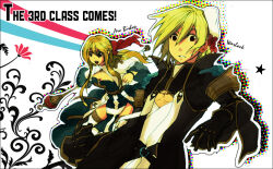 1boy 1girl arch_bishop_(ragnarok_online) bad_id black_bodysuit black_coat black_gloves blonde_hair blue_dress bodysuit bow breasts brown_eyes brown_sash character_name cleavage cleavage_cutout clothing_cutout coat cowboy_shot cross dress gloves green_eyes hair_bow hat holding holding_staff lala_(sputnik) long_hair looking_at_viewer medium_breasts open_clothes open_coat open_mouth ragnarok_online red_bow sailor_hat shirt short_hair smile staff thighhighs two-tone_dress warlock_(ragnarok_online) white_background white_dress white_hat white_shirt white_thighhighs
