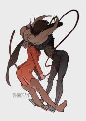 Rule 34 | 2girls, biker clothes, bikesuit, blue bodysuit, bodysuit, brown hair, full body, implied kiss, multiple girls, niijima makoto, panther (persona 5), persona, persona 5, queen (persona 5), red bodysuit, shihoran, simple background, takamaki anne, twintails, whip, yuri