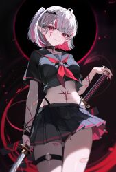 +_+ 1girl absurdres ahoge bandaid bandaid_on_arm bandaid_on_face bandaid_on_leg bat_hair_ornament black_choker black_panties black_sailor_collar black_skirt blush choker closed_mouth colored_inner_hair crop_top earrings fang hair_ornament hairclip highleg highleg_panties highres holding holding_sword holding_weapon jewelry katana kkato looking_at_viewer multicolored_hair navel o-ring o-ring_thigh_strap original panties pleated_skirt pointy_ears red_eyes red_hair ring sailor_collar short_hair short_sleeves skin_fang skirt smile solo standing stomach_tattoo streaked_hair sword symbol-shaped_pupils tattoo thigh_strap two-tone_hair two_side_up underwear weapon white_hair