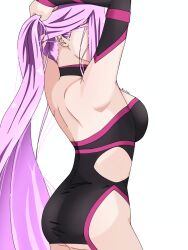 14_riatsu 1girl absurdres armpits ass back bare_shoulders breasts choker detached_sleeves dress fate/grand_order fate/stay_night fate_(series) hands_in_own_hair hands_on_own_head highres long_hair medusa_(fate) medusa_(rider)_(fate) short_dress simple_background solo type-moon very_long_hair
