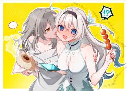 !? ... 2girls ? bare_shoulders biting biting_cheek black_hairband blue_eyes blush breasts cleavage cleavage_cutout clothing_cutout collarbone commentary_request dress firefly_(honkai:_star_rail) food gel_(nukoleg) grey_hair hairband hand_on_another&#039;s_shoulder head_steam highres holding holding_food holding_phone honkai:_star_rail honkai_(series) long_hair multiple_girls nervous_sweating off-shoulder_shirt off_shoulder open_mouth phone pink_eyes purple_eyes shirt simple_background sleeveless sleeveless_shirt spoken_ellipsis spoken_interrobang steamed_bun stelle_(honkai:_star_rail) sweat trailblazer_(honkai:_star_rail) two-tone_dress upper_body white_shirt yellow_background yellow_eyes yuri