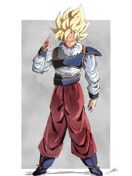 Rule 34 | armor, blonde hair, blue boots, boots, border, breastplate, dragon ball, dragonball z, full body, green eyes, grey background, high collar, highres, looking at viewer, medium hair, orange pants, pants, pato007711, shirt, shoulder pads, smirk, son goku, spiked hair, super saiyan, super saiyan 1, white border, white shirt