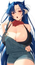 1girl absurdres black_bra blue_hair blue_overalls bra breasts cleavage dragon_horns grey_horns highres horns huge_breasts indie_virtual_youtuber long_hair neckerchief o_t_o_(3u9c6) open_mouth overalls red_eyes red_neckerchief solo underwear vienna_(vtuber) virtual_youtuber white_background