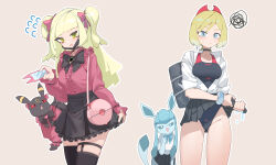 2girls absurdres alternate_costume black_choker black_one-piece_swimsuit blonde_hair blue_eyes bow bowtie bracelet breasts choker closed_mouth clothed_pokemon collared_shirt commentary contemporary flying_sweatdrops gen_2_pokemon gen_4_pokemon glaceon grey_bag highres holding irida_(pokemon) jewelry jin_rou long_hair multiple_girls nintendo one-piece_swimsuit outline pink_bag pokemon pokemon_(creature) pokemon_legends:_arceus shirt short_hair skirt squiggle swimsuit swimsuit_under_clothes thighhighs two_side_up umbreon white_shirt wringing_clothes wringing_skirt