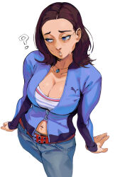 1girl ? absurdres belt blue_eyes breasts brown_hair cleavage denim final_destination_(movie) highres jacket jeans jewelry kimberly_corman navel necklace pants relusionh solo solo_focus warner_bros. white_background
