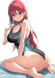 Rule 34 | 1girl, absurdres, ass, black one-piece swimsuit, blue eyes, blue one-piece swimsuit, blush, breasts, closed mouth, clothes pull, collarbone, commentary, competition swimsuit, hair ornament, hand up, highres, large breasts, looking at viewer, looking back, one-piece swimsuit, one-piece swimsuit pull, original, pulling own clothes, red hair, ryou (ponpgo), sitting, soles, solo, swimsuit, symbol-only commentary, thick thighs, thighs, two-tone one-piece swimsuit, wariza, wet, wet clothes, wet swimsuit