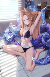 1girl absurdres ahri_(league_of_legends) animal_ears armpits arms_behind_head arms_up barefoot black_bra black_choker black_panties blonde_hair blue_eyes blush bra breasts calvin_klein choker cleavage closed_mouth commission dappled_sunlight facial_mark feet fieryonion fox_ears full_body hair_ornament halterneck hand_in_own_hair highres indoors large_breasts league_of_legends legs light_rays long_hair looking_at_viewer navel panties sidelocks sitting smile solo stomach sunlight toes underwear underwear_only whisker_markings window_blinds