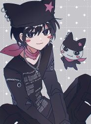 1boy animal_ears animal_hat beanie black_eyes black_hair black_hat black_pants black_shirt blush_stickers character_request closed_mouth clothes_writing cross danjou_sora dotted_line fake_animal_ears feet_out_of_frame grey_background grid_background hat highres latin_cross looking_at_viewer male_focus pants personification shirt sitting smile sparkle tamagotchi tamagotchi_(creature)