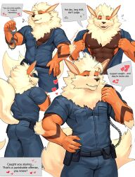 1boy abs absurdres animal_ears arcanine artist_name ass bara cuffs dog_ears dog_tail flying_sweatdrops furry furry_male gen_1_pokemon handcuffs heart highres holding holding_handcuffs looking_at_viewer looking_to_the_side male_focus multiple_views muscular muscular_male nintendo nipples open_clothes open_mouth open_shirt pectorals pokemon pokemon_(creature) police red_eyes smile speech_bubble sweatdrop tail twitter_username yolkoshark