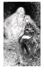 1boy 1girl black_background blunt_bangs braid bridal_gauntlets chest_tattoo closed_mouth collarbone commentary couple english_commentary full_body genshin_impact hair_ornament hair_over_one_eye head_tilt hetero highres japanese_clothes kimono long_braid long_hair long_sleeves looking_at_viewer looking_to_the_side mitsudomoe_(shape) mojihuaran monochrome orobashi_(genshin_impact) pectoral_cleavage pectorals raiden_shogun sash single_braid sitting tattoo thighhighs thighs tomoe_(symbol) very_long_hair wavy_hair white_background wide_sleeves
