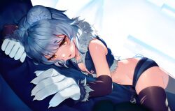1girl absurdres animal_ear_fluff animal_ears animal_hands bear_ears bear_girl bear_tail black_sleeves black_thighhighs blue_hair blue_jacket blue_shorts breasts brown_eyes cropped_jacket detached_sleeves eyelashes fang fur-trimmed_jacket fur_trim highres icey_snowpaws jacket navel open_mouth paw_print second-party_source short_hair short_shorts shorts skin_fang small_breasts solo tail thighhighs torn_clothes torn_sleeves torn_thighhighs vallure virtual_youtuber waltz_w_me