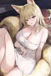 1girl absurdres animal_ears bare_shoulders blonde_hair blush breasts cleavage fox_ears fox_tail hair_between_eyes highres kitsune korean_commentary large_breasts lillly long_hair looking_at_viewer original panties red_eyes shirt sidelocks smile solo tail thighs underwear white_panties white_shirt