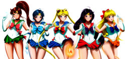 Rule 34 | 1girl, 5girls, aino minako, back bow, bishoujo senshi sailor moon, bishoujo senshi sailor moon (first season), black hair, blonde hair, blue bow, blue choker, blue eyes, blue hair, blue sailor collar, blue skirt, boots, bow, breasts, brooch, brown hair, cameltoe, chain, choker, circlet, cleavage, closed mouth, collarbone, commentary, commentary request, cowboy shot, crescent, crescent choker, crescent earrings, double bun, earrings, elbow gloves, electricity, electrokinesis, fire, glint, gloves, gluteal fold, green choker, green eyes, green sailor collar, green skirt, grimbyslayer, hair bobbles, hair bow, hair bun, hair ornament, half updo, hand on own chest, hand on own hip, hand up, highres, hino rei, holding, holding chain, holding ofuda, holding wand, jewelry, kino makoto, leotard, leotard peek, light smile, long hair, looking at viewer, maboroshi no ginzuishou, magical girl, medium breasts, miniskirt, mizuno ami, moon stick (sailor moon), multiple girls, ofuda, open mouth, orange choker, orange sailor collar, orange skirt, parted bangs, parted lips, pink bow, pleated skirt, ponytail, purple bow, purple eyes, red bow, red choker, red sailor collar, red skirt, sailor collar, sailor jupiter, sailor mars, sailor mercury, sailor moon, sailor senshi uniform, sailor venus, short hair, simple background, skirt, smile, solo, standing, star (symbol), star earrings, thigh gap, tiara, transformation brooch (sailor moon), transparent background, tsukino usagi, twintails, v, venus love me chain, very long hair, wand, water, white gloves, white leotard, yellow bow