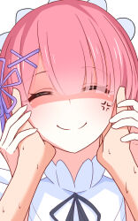 1girl 1other anger_vein angry closed_eyes closed_mouth hair_ornament hair_ribbon hand_on_another&#039;s_cheek hand_on_another&#039;s_face hand_on_another&#039;s_hand hands_on_another&#039;s_face highres merueru pink_hair ram_(re:zero) re:zero_kara_hajimeru_isekai_seikatsu ribbon roswaal_mansion_maid_uniform short_hair simple_background smile solo_focus sweat white_background x_hair_ornament