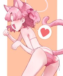 1girl absurdres animal_ears ass bikini blue_archive blush cat_ears cat_girl cat_tail chlorella_observation_club_member_(blue_archive) chlorella_observation_club_member_(swimsuit)_(blue_archive) hair_bobbles hair_ornament halo heart highres official_alternate_costume open_mouth paw_pose pink_hair shimeji_take solo speech_bubble spoken_heart striped_bikini striped_clothes swimsuit tail
