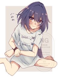 1girl bare_legs barefoot black_hair blush border bound bound_wrists closed_mouth collarbone cut-here_line flat_chest foot_out_of_frame hair_between_eyes hair_intakes honkai:_star_rail honkai_(series) long_hair looking_at_viewer no_pants shirt short_sleeves sidelocks sitting solo sweat translation_request twitter_cutting_game wariza watermark white_border white_shirt yellow_eyes yugure yunli_(honkai:_star_rail)