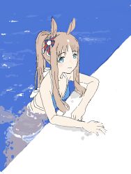 Rule 34 | 1girl, animal ears, bikini, blue eyes, blush stickers, bow, brown hair, distortion, ear ribbon, facing viewer, from above, grass wonder (umamusume), horse ears, horse girl, in water, looking at viewer, mensoubou, oekaki, ponytail, pool, poolside, retro artstyle, ripples, swimsuit, tracen swimsuit, umamusume, water