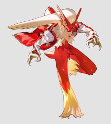 blaziken blue_eyes claws closed_mouth clothed_pokemon colored_sclera full_body furry gen_3_pokemon grey_background jacket leg_up long_hair long_sleeves newo_(shinra-p) nintendo open_clothes open_jacket pokemon pokemon_(creature) red_jacket shiny_skin simple_background solo standing standing_on_one_leg tail white_hair yellow_sclera