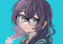 1girl absurdres black_hair blue_background braid cevio commentary ear_piercing earrings glasses green_eyes hair_ribbon hanakuma_chifuyu highres jewelry looking_to_the_side piercing portrait ribbon round_eyewear shiyomifu solo synthesizer_v twin_braids