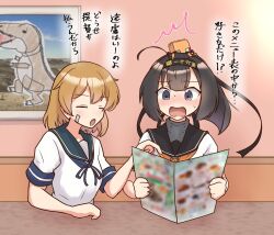 2girls akizuki_(kancolle) bandaid bandaid_on_face black_eyes black_hair black_headband black_sailor_collar blue_sailor_collar brown_hair child&#039;s_drawing closed_eyes clothes_writing commentary_request dinosaur headband headgear kantai_collection long_hair menu minamino multiple_girls neckerchief oboro_(kancolle) open_mouth orange_neckerchief sailor_collar school_uniform serafuku short_hair short_sleeves surprised translation_request