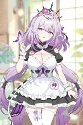 1girl absurdres alternate_costume apron bare_shoulders black_dress black_tiara blush bow breasts bug butterfly butterfly_on_hand castorice_(honkai:_star_rail) cleavage clothing_cutout commentary_request day dress enmaided flower frilled_apron frilled_wrist_cuffs frills garter_straps hair_between_eyes hair_bow hair_flower hair_ornament hand_up highres honkai:_star_rail honkai_(series) indoors insect large_breasts long_hair looking_at_viewer maid pachi_hsieh parted_lips pointy_ears purple_butterfly purple_eyes purple_flower purple_hair shoulder_cutout solo thighhighs tiara very_long_hair white_apron white_bow white_garter_straps white_thighhighs white_wrist_cuffs wrist_cuffs zettai_ryouiki