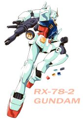 absurdres armor bayshoreidol beam_rifle blue_armor character_name commentary energy_gun english_commentary full_body gun gundam highres holding holding_gun holding_weapon knee_up mecha mecha_focus mobile_suit mobile_suit_gundam multicolored_armor profile red_armor robot rx-78-2_gundam science_fiction solo v-fin weapon white_armor