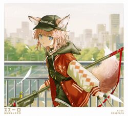 1girl absurdres animal_ears arknights artist_name bag baseball_cap black_choker black_hat black_hoodie blue_eyes blurry blurry_background border braid character_name choker city coqc cowboy_shot dated expressionless falling_feathers fanny_pack feathers fox_ears fox_girl fox_tail from_side hat highres highway holding holding_staff holding_suitcase hood hood_down hoodie jacket jacket_over_hoodie letterman_jacket long_sleeves looking_at_viewer outdoors parted_lips pink_hair railing red_jacket short_hair shoulder_bag side_braid skyline solo staff suitcase sussurro_(arknights) sussurro_(travel_freely)_(arknights) tail urban walking white_border