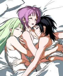 3girls bang_dream! bang_dream!_it&#039;s_mygo!!!!! black_hair camisole closed_eyes closed_mouth cuddling from_above gommotheworld green_hair highres hug long_hair multiple_girls open_mouth purple_hair short_hair sleeping under_covers wakaba_mutsumi white_camisole yahata_umiri yuri yuutenji_nyamu