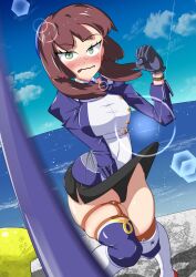Rule 34 | black gloves, black skirt, blue hairband, blue necktie, blue shirt, blue sky, blue thighhighs, blunt sidelocks, blurry, blush, cloud, commentary request, covering crotch, covering privates, day, depth of field, double bun, fishing line, freckles, gloves, green eyes, hair bun, hairband, highres, horizon, kantai collection, kondou mitsuki, lens flare, military uniform, mogador (kancolle), necktie, nose blush, ocean, outdoors, shirt, sidelocks, skirt, sky, thick thighs, thighhighs, thighs, two-tone legwear, wavy mouth, wince