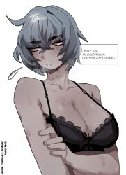 Rule 34 | 1girl, absurdres, angela (project moon), black bow, black bra, blue hair, bow, bra, breasts, cleavage, crossed arms, english text, highres, implied after masturbation, lace, lace-trimmed bra, lace trim, large breasts, library of ruina, ny 000a, project moon, short hair, simple background, solo, sweat, underwear, upper body, white background, yellow eyes