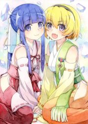 2girls :3 :d absurdres bare_hips black_hairband blonde_hair blue_hair blunt_bangs closed_mouth detached_sleeves fang furude_rika hair_between_eyes hair_ribbon hairband hakama hand_on_another&#039;s_hand highres higurashi_no_naku_koro_ni higurashi_no_naku_koro_ni_gou houjou_satoko japanese_clothes kimono long_sleeves looking_at_viewer miko multiple_girls open_mouth orange_hakama painting_(medium) purple_eyes red_hakama ribbon ribbon-trimmed_sleeves ribbon_trim short_hair sitting skin_fang sleeveless sleeveless_kimono smile sweet_miuk_tea traditional_media twitter_username wariza watercolor_(medium) white_kimono white_ribbon white_sleeves