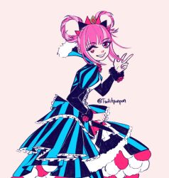 Rule 34 | 1girl, aqua pantyhose, blunt bangs, cross-laced clothes, cross-laced dress, dress, facial mark, fire emblem, fire emblem engage, folded twintails, fur wrist cuffs, hair flaps, hair rings, heart, heart facial mark, hortensia (fire emblem), looking at viewer, multicolored hair, multicolored tiara, nintendo, pantyhose, pink eyes, pink hair, smile, solo, striped clothes, striped dress, twilitponpon, two-tone hair, vertical-striped clothes, vertical-striped dress, wrist cuffs