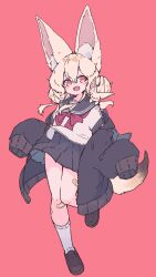 1girl absurdres animal animal_ear_fluff animal_ears animal_on_shoulder bandaid bandaid_on_leg blonde_hair brown_shoes coat double-parted_bangs double_bun fennec_fox fox_ears fox_girl fox_tail full_body grey_coat grey_sailor_collar grey_skirt hair_between_eyes hair_bun highres large_ears loafers long_hair long_sleeves megateru open_clothes open_coat open_mouth original pleated_skirt red_background red_eyes sailor_collar school_uniform serafuku shoes sidelocks skirt sleeves_past_fingers sleeves_past_wrists smile socks solo standing standing_on_one_leg tail white_socks
