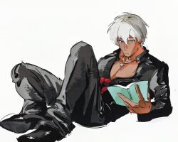Rule 34 | 1boy, black pants, black shoes, blue eyes, book, cross, dark-skinned male, dark skin, highres, holding, holding book, jacket, jewelry, k&#039; (kof), male focus, necklace, nemui2242, pants, reading, shoes, short hair, simple background, solo, the king of fighters, white hair