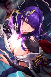 1girl absurdres armor black_gloves blurry breasts bridal_gauntlets cleavage commentary cowboy_shot depth_of_field downblouse electricity expressionless eyelashes flower from_above genshin_impact gloves hair_flower hair_ornament highres human_scabbard japanese_clothes kimono large_breasts lips long_hair looking_at_viewer low-braided_long_hair low-tied_long_hair mitsudomoe_(shape) mole mole_under_eye musou_isshin_(genshin_impact) off_shoulder purple_eyes purple_hair purple_kimono raiden_shogun shoulder_armor solo standing tomoe_(symbol) very_long_hair yuu_(primenumber7)