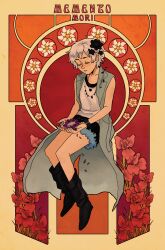1girl black_boots black_flower black_skirt blue_jacket boots closed_eyes commentary cookieekun english_commentary flower full_body hair_flower hair_ornament highres holding holding_flower jacket jewelry kyokugen_dasshutsu kyokugen_dasshutsu_adv:_zennin_shibou_desu latin_text necklace open_clothes open_jacket phi_(kyokugen_dasshutsu) purple_flower purple_petals red_flower shirt short_hair skirt sleeveless sleeveless_jacket sleeveless_shirt solo very_short_hair white_hair white_shirt